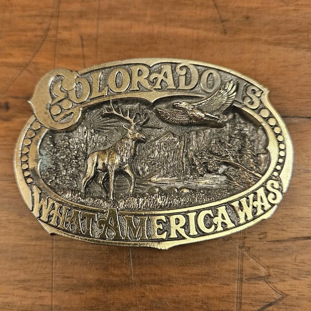 Vintage Colorado Is What America Was Belt Buckle Moose Eagle Mountain Scene USA